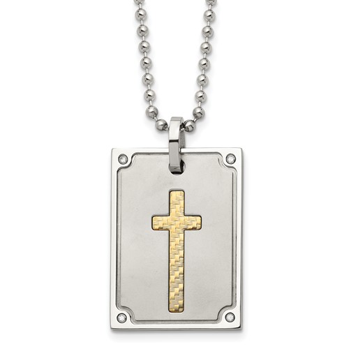 Stainless Steel Necklace with 18K Brushed and Polished 0.05ct Dia Cross