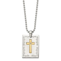 Stainless Steel Necklace with 18K Polished Laser Etched with.01ct Dia Cross view 3