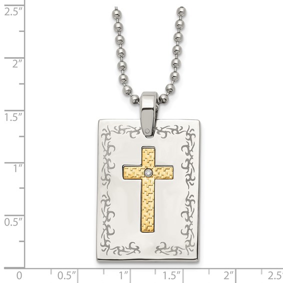 Stainless Steel w/18k Polished Laser Etched w/.01ct Dia Cross Necklace