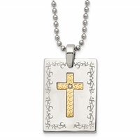 Stainless Steel Necklace with 18K Polished Laser Etched with.01ct Dia Cross view 1