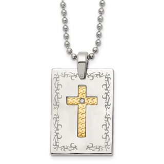 Stainless Steel w/18k Polished Laser Etched w/.01ct Dia Cross Necklace