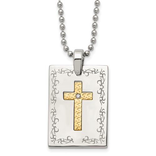 Stainless Steel Necklace with 18K Polished Laser Etched with.01ct Dia Cross