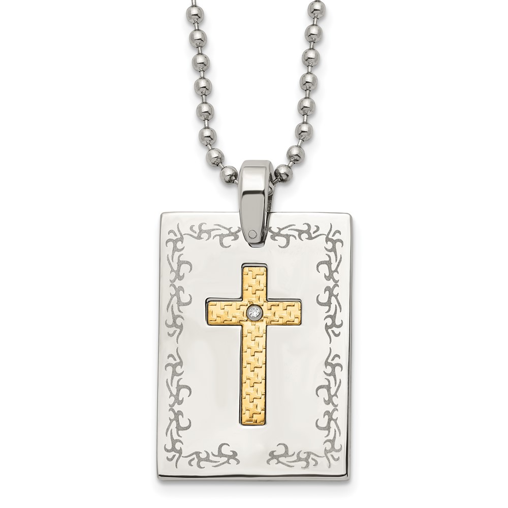 Stainless Steel w/18k Polished Laser Etched w/.01ct Dia Cross Necklace