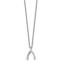 Stainless Steel Polished CZ Wishbone Necklace, 15.5" view 3