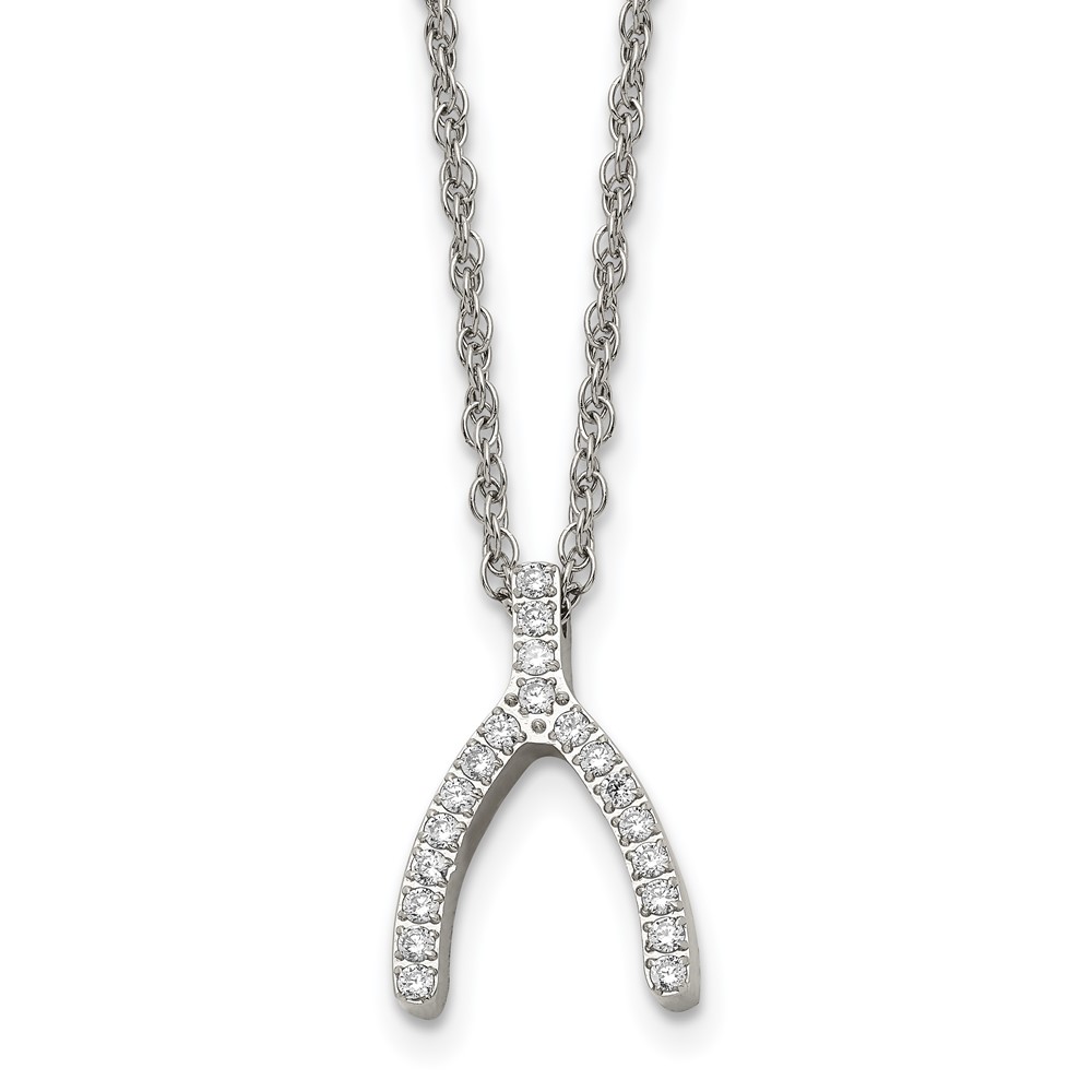 Stainless Steel Polished CZ Wishbone Necklace, 15.5"