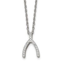 Stainless Steel Polished CZ Wishbone Necklace, 15.5" view 1