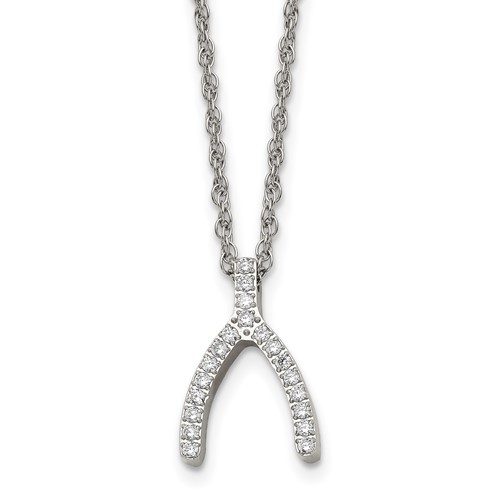 Stainless Steel Polished CZ Wishbone Necklace, 15.5"