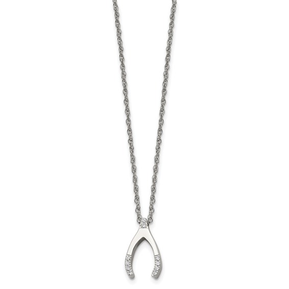 Chisel Stainless Steel Polished with CZ Wishbone on a 15.5 inch Multi-Link Chain Necklace