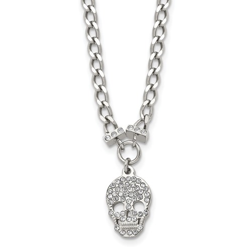 Stainless Steel Polished Crystal Skull Necklace, 18"