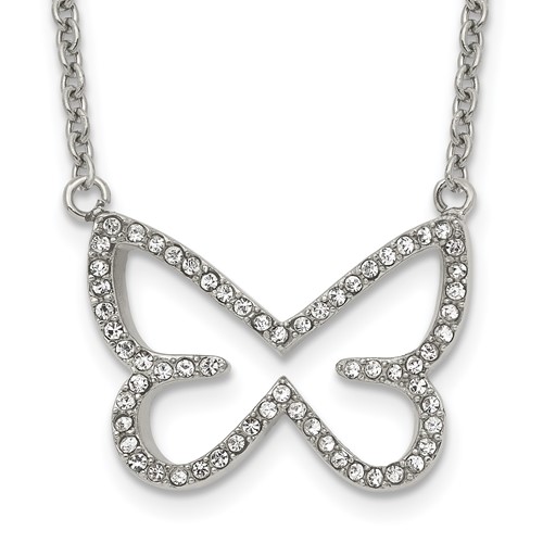 Stainless Steel Polished Necklace with CZ Butterfly, 18"