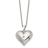 Stainless Steel Polished Necklace with Crystal Heart, 22" view 3