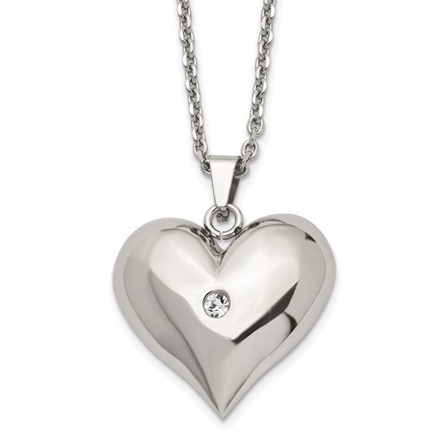 Stainless Steel Polished Necklace with Crystal Heart, 22"