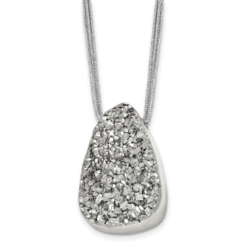 Stainless Steel Polished Druzy Polyester Cord Necklace, 17.5"
