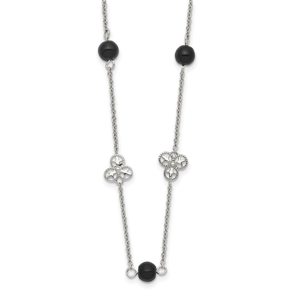 Stainless Steel Polished w/Black Acrylic Bead 33in Necklace