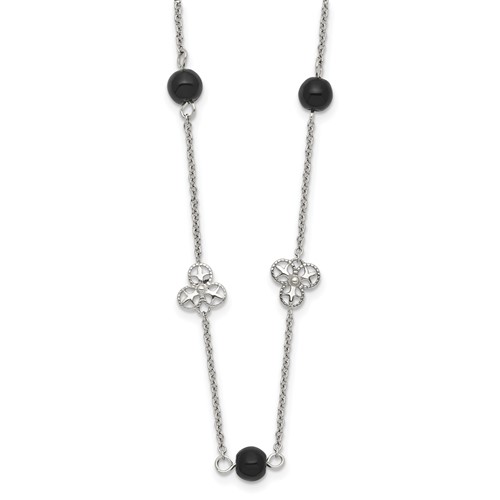 Stainless Steel Polished Necklace with Black Acrylic Bead, 33"