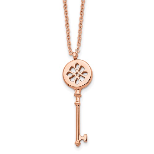 Stainless Steel Polished Rose IP-plated Key Necklace, 18.25"