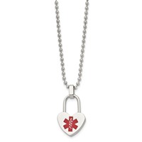 Chisel Stainless Steel Polished Necklace with Red Enamel Heart Lock Medical ID Pendant on a Ball Chain, 24" view 3