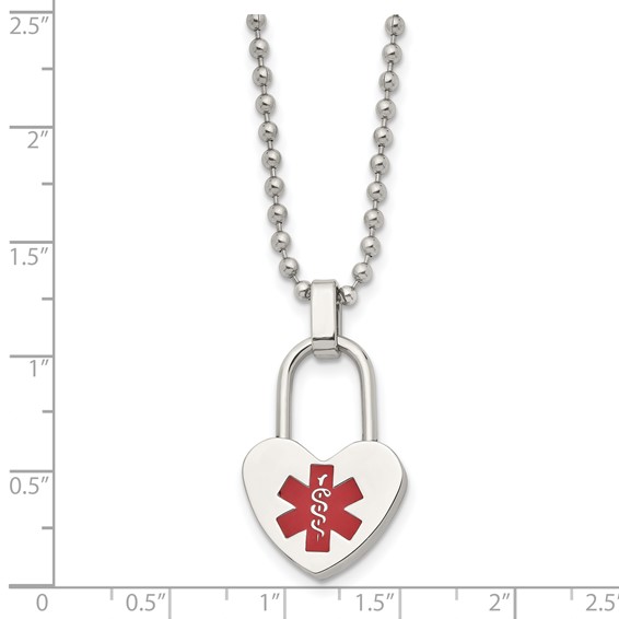 Chisel Stainless Steel Polished with Red Enamel Heart Lock Medical ID Pendant on a 24 inch Ball Chain Necklace