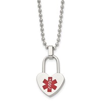 Chisel Stainless Steel Polished Necklace with Red Enamel Heart Lock Medical ID Pendant on a Ball Chain, 24" view 1