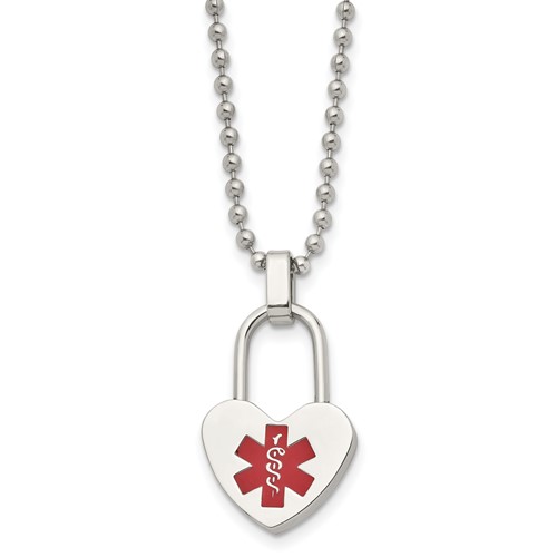 Chisel Stainless Steel Polished Necklace with Red Enamel Heart Lock Medical ID Pendant on a Ball Chain, 24"