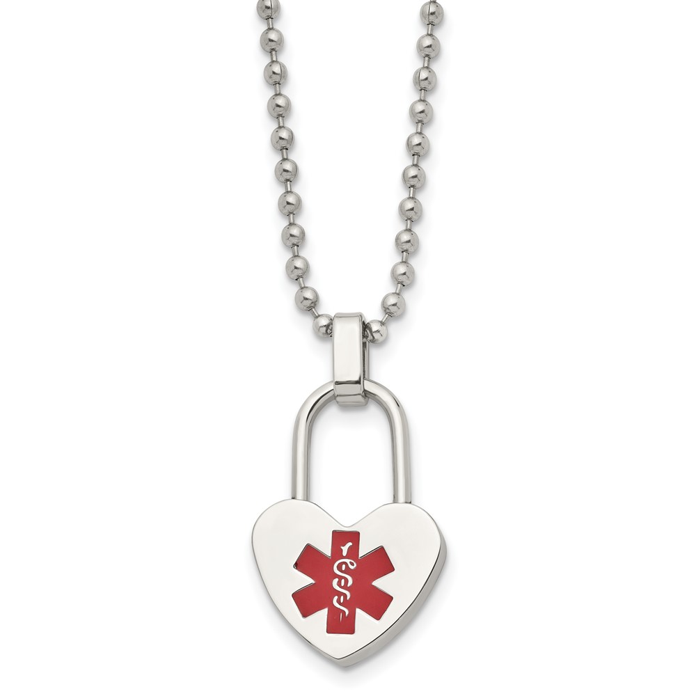Stainless Steel Polished w/Red Enamel Heart Medical ID 24in Necklace