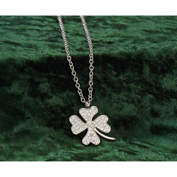 Chisel Stainless Steel Polished CZ Four Leaf Clover Pendant on a 22 inch Cable Chain Necklace