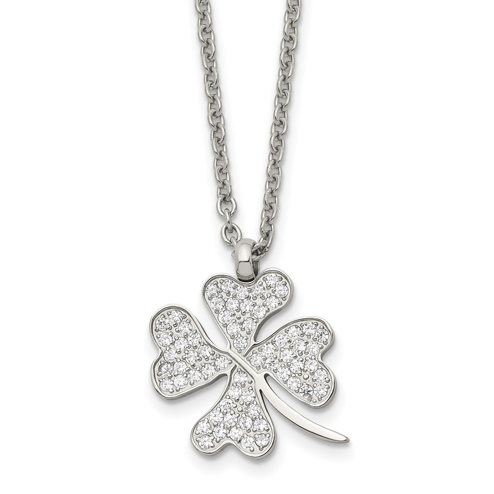 Stainless Steel Polished CZ Four Leaf Clover 22in Necklace