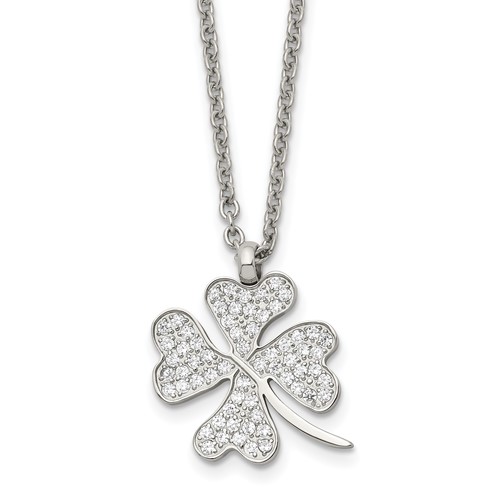 Chisel Stainless Steel Polished CZ Four Leaf Clover Pendant on a Cable Chain Necklace, 22"