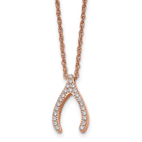 Stainless Steel Polished Rose IP-plated CZ Wishbone Necklace, 16"