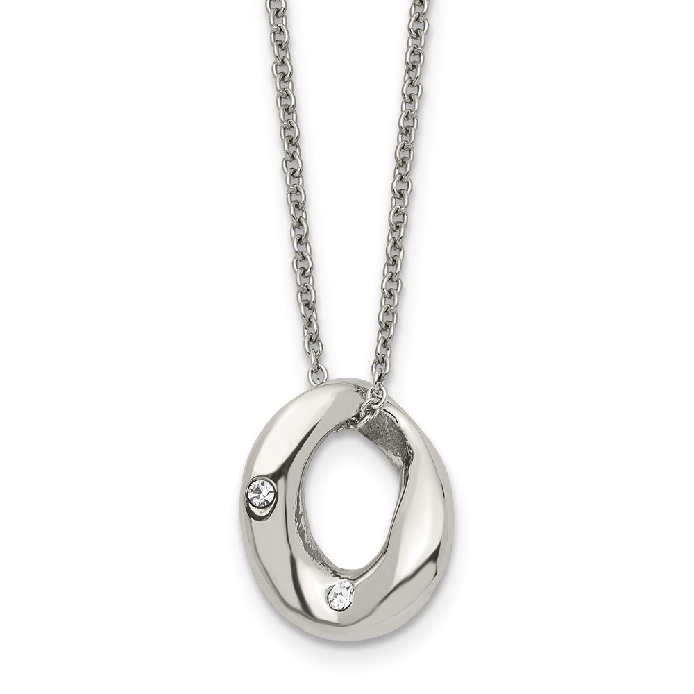 Stainless Steel Polished Wavy Circle Necklace with Crystal, 18"