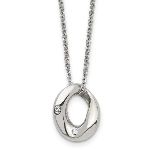 Stainless Steel Polished Wavy Circle Necklace with Crystal, 18"
