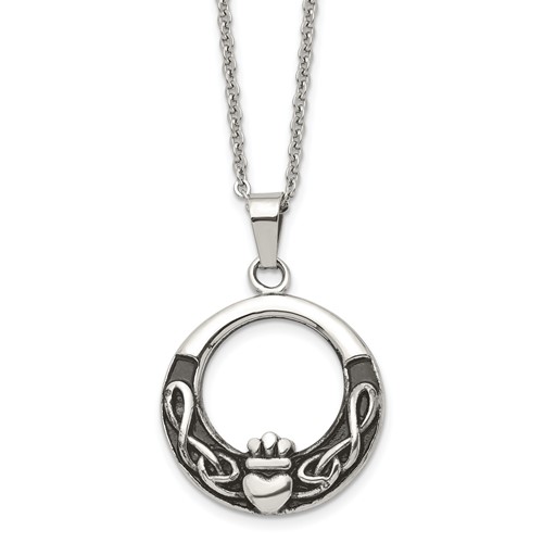 Chisel Stainless Steel Antiqued and Polished Claddagh Pendant on a Cable Chain Necklace, 18"