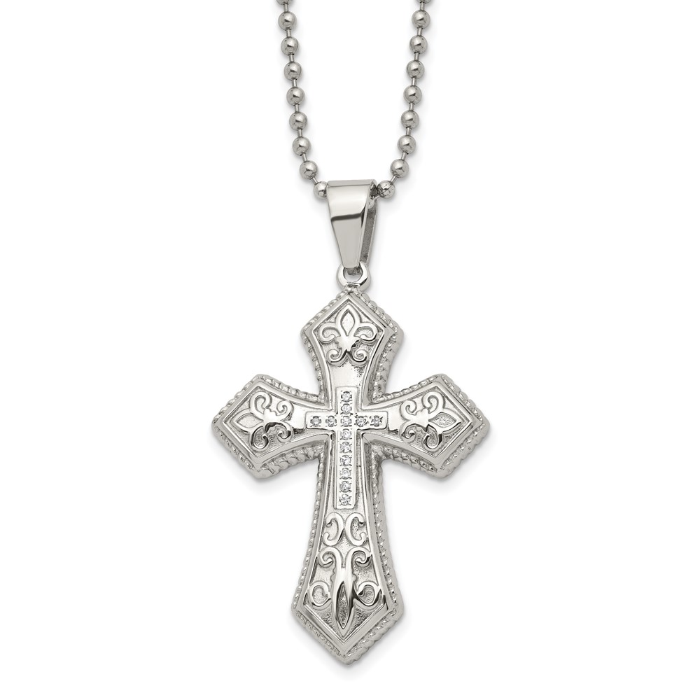 Stainless Steel Polished w/CZ Fleur de lis Cross 22.5in Necklace