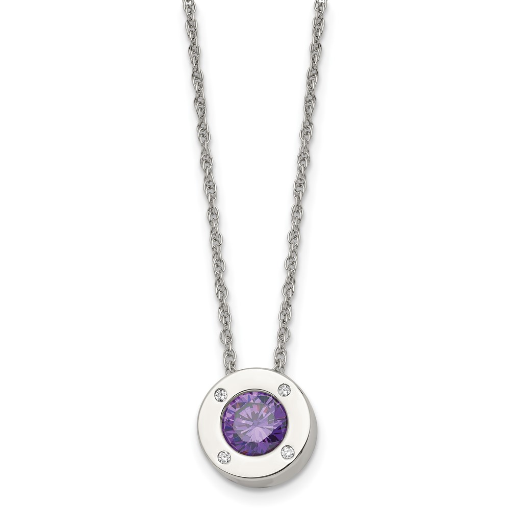 Chisel Stainless Steel Polished CZ February Birthstone Circle Pendant on a Multi-Link Chain Necklace, 20"