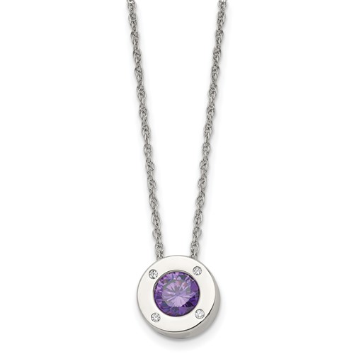 Chisel Stainless Steel Polished CZ February Birthstone Circle Pendant on a Multi-Link Chain Necklace, 20"