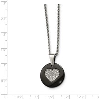 Stainless Steel Polished Black Ceramic Necklace with CZ Heart, 22" view 4