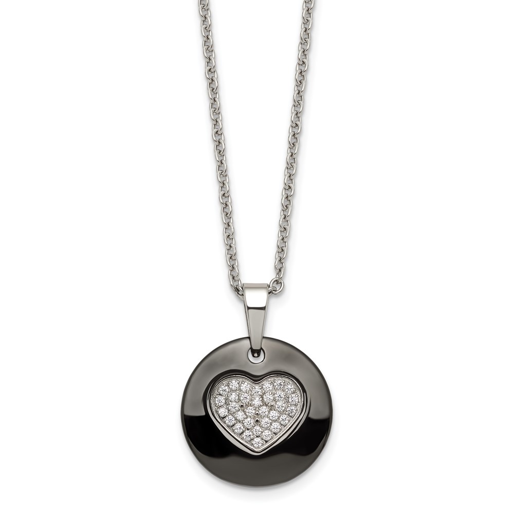 Stainless Steel Polished Black Ceramic Necklace with CZ Heart, 22"