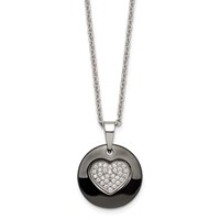 Stainless Steel Polished Black Ceramic Necklace with CZ Heart, 22" view 1