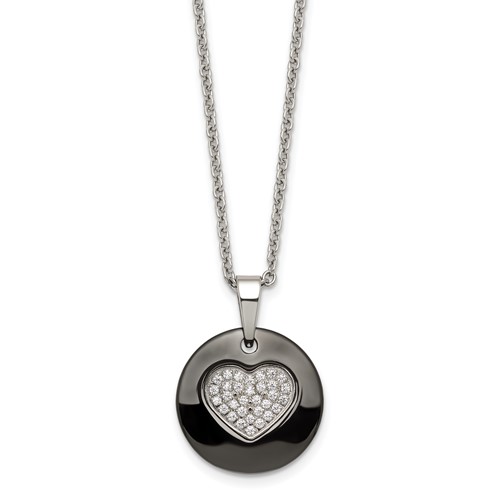 Stainless Steel Polished Black Ceramic Necklace with CZ Heart, 22"