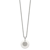 Stainless Steel Polished White Ceramic Necklace with CZ Circle, 22" view 3