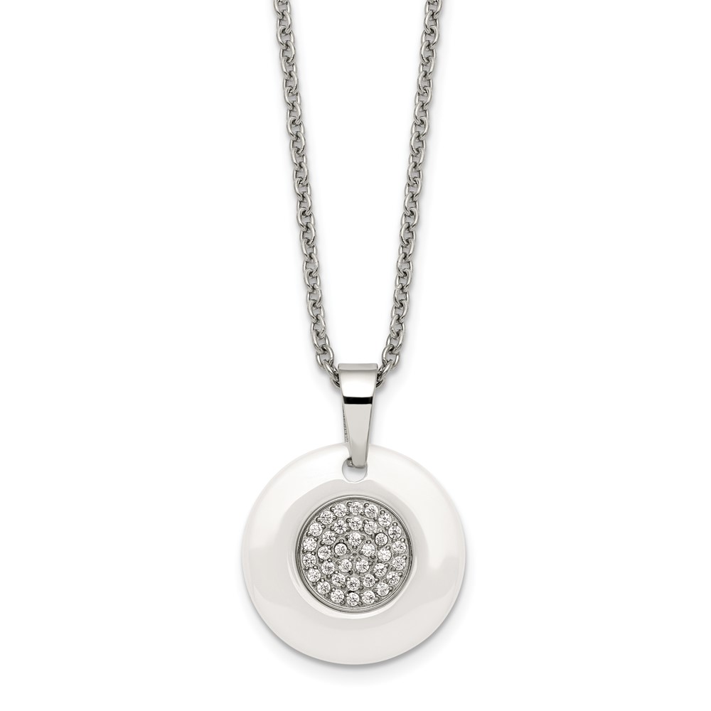 Stainless Steel Polished White Ceramic w/CZ Circle 22in Necklace