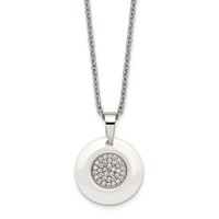 Stainless Steel Polished White Ceramic Necklace with CZ Circle, 22" view 1