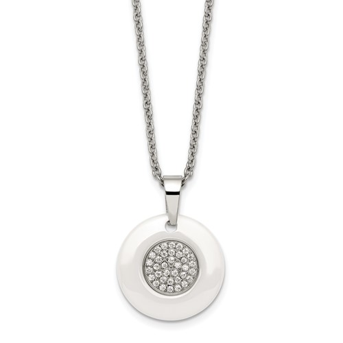 Stainless Steel Polished White Ceramic Necklace with CZ Circle, 22"