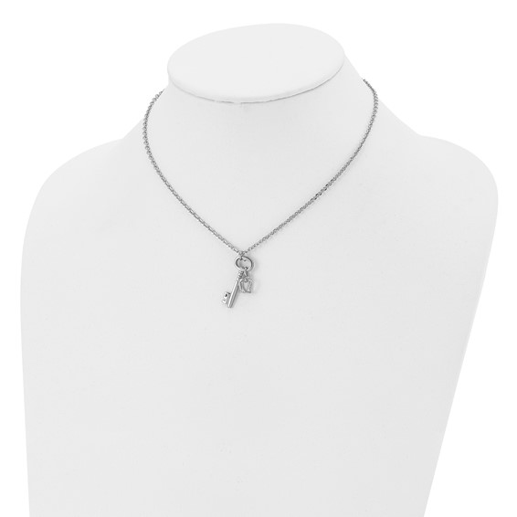 Stainless Steel Polished Key and Crown 15.5in w/2in ext Necklace