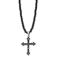 Stainless Steel Polished Necklace with Black CZ & Black Glass Beads Cross view 2