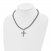 Stainless Steel Polished Necklace with Black CZ & Black Glass Beads Cross view 4