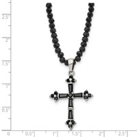 Stainless Steel Polished Necklace with Black CZ & Black Glass Beads Cross view 5