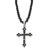 Stainless Steel Polished Necklace with Black CZ & Black Glass Beads Cross view 1
