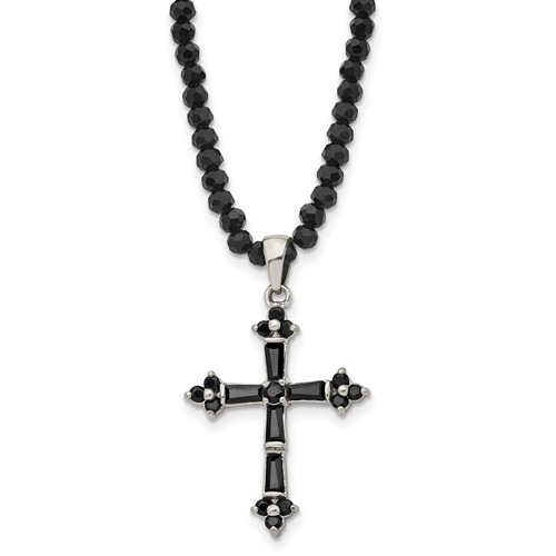 Stainless Steel Polished Necklace with Black CZ & Black Glass Beads Cross