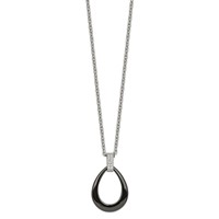 Stainless Steel Polished Black Ceramic Teardrop Necklace with CZ, 22" view 3